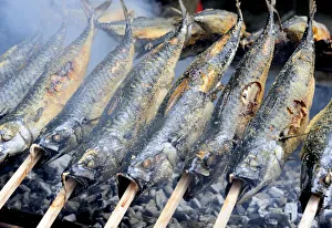 Fish on skewers on grill, Ammerland, Lake Starnberg, Bavaria, Germany, Europe Fish on skewers on grill, Ammerland, Lake Starnberg, Bavaria, Germany, Europe