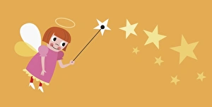 Flying angel with halo and wings holding wand, stars in background Flying angel with halo and wings holding wand, stars in background