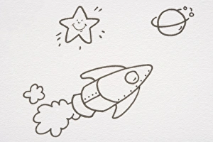 Flying rocket leaving trail of smoke behind, star with smiley face and planet with gas ring Flying rocket leaving trail of smoke behind, star with smiley face and planet with gas ring