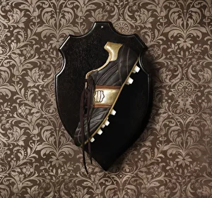 Football boot hanging as a trophy on a wall
