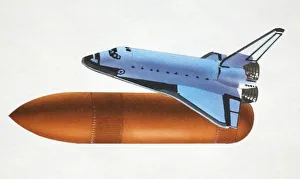 Fuel tank separating from space shuttle after liftoff, side view Fuel tank separating from space shuttle after liftoff, side view