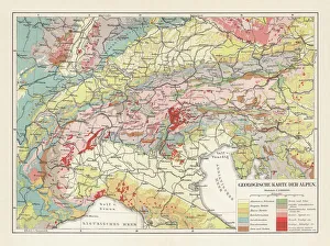 Geological map of the European Alps, lithograph, published in 1897 Geological map of the European Alps, lithograph, published in 1897