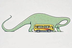 Giant green dinosaur standing next to minibus full of passengers bending its neck back to Giant green dinosaur standing next to minibus full of passengers bending its neck back to