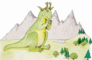 Giant green dragon with curled horns and red eyes sitting on green field in front of Giant green dragon with curled horns and red eyes sitting on green field in front of