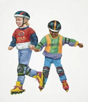 Girl and boy in kneepads and helmets rollerblading holding hands, front view Girl and boy in kneepads and helmets rollerblading holding hands, front view