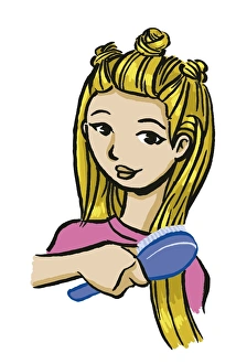 Girl brushing her long blonde hair, dressed in three knots at top Girl brushing her long blonde hair, dressed in three knots at top