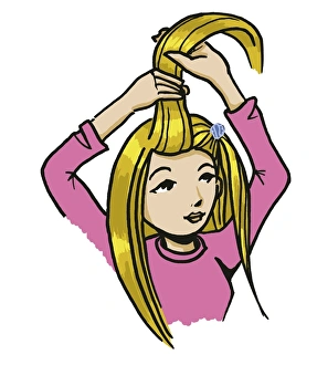 Girl holding up section of her long blonde hair, some of it clipped back at side Girl holding up section of her long blonde hair, some of it clipped back at side