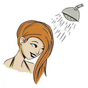 Girl with long ginger hair flipped over her face having a shower Girl with long ginger hair flipped over her face having a shower
