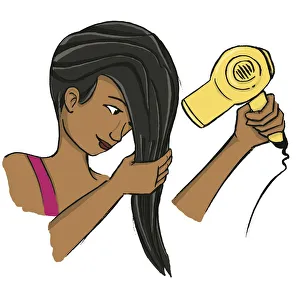 Girl wringing her long dark hair while holding blow dryer in the other hand Girl wringing her long dark hair while holding blow dryer in the other hand