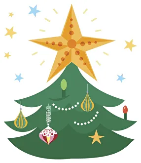 Glittering yellow star on top of Christmas tree decorated with baubles Glittering yellow star on top of Christmas tree decorated with baubles