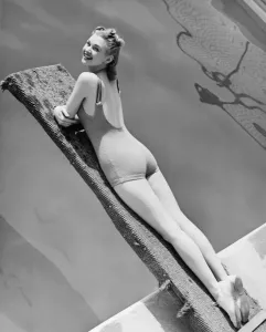 Woman Lying on Diving Board Black and White Print