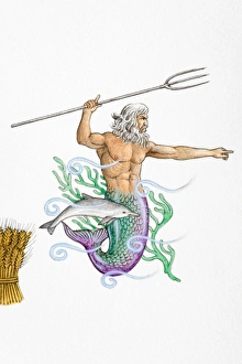 God of sea with head and torso of human man and tail of fish, holding trident above head God of sea with head and torso of human man and tail of fish, holding trident above head