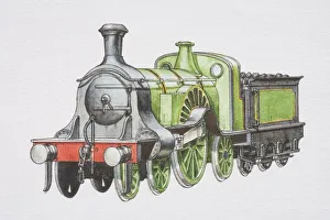 Green Stirling Single locomotive with a coal bunker, front view Green Stirling Single locomotive with a coal bunker, front view