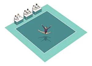 Gymnast performing on square rubber floor mat, panel of judges on one side Gymnast performing on square rubber floor mat, panel of judges on one side