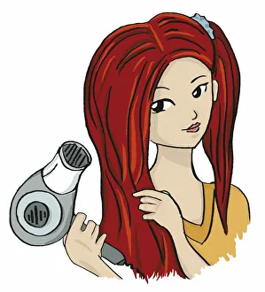 Head of girl blow drying her long red hair, clipped back on one side Head of girl blow drying her long red hair, clipped back on one side