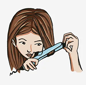 Head of girl with long, straight brown hair wrapping front strands around barrel of curling iron Head of girl with long, straight brown hair wrapping front strands around barrel of curling iron