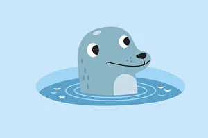 Head of smiling seal emerging from water in circular hole in icy surface Head of smiling seal emerging from water in circular hole in icy surface