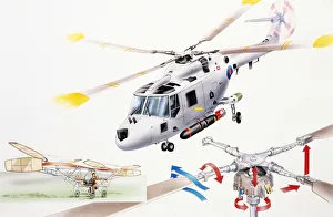 Helicopter in flight, and diagram of rotor blades Helicopter in flight, and diagram of rotor blades