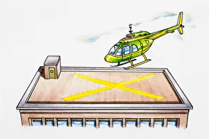 Helicopter landing on helipad on top of building Helicopter landing on helipad on top of building