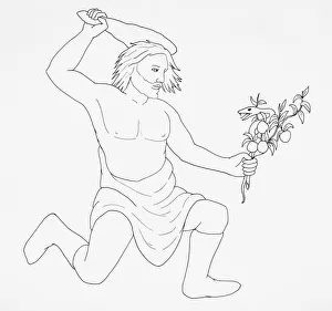 Hercules hurling a club over his head while holding the snake Draco by the tail in his other hand, side view Hercules hurling a club over his head while holding the snake Draco by the tail in his other hand, side view