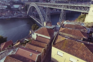 High view of ancient Ribera Distric of Porto and metallic Luis bridge High view of ancient Ribera Distric of Porto and metallic Luis bridge