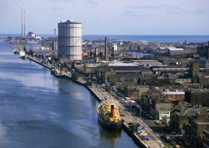 Historic Dublin - Aerial, River Liffey and Gasometer, Ireland Historic Dublin - Aerial, River Liffey and Gasometer, Ireland
