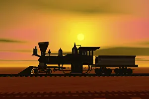 Historic locomotive at sunset, silhouette, 3D graphics Historic locomotive at sunset, silhouette, 3D graphics