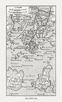 Historic map of Karlskrona and surroundings, wood engraving, published 1897 Historic map of Karlskrona and surroundings, wood engraving, published 1897