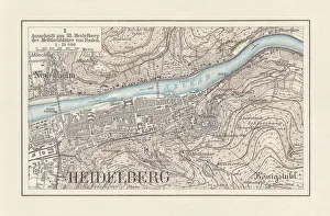 Historical city map of Heidelberg, Baden-WAOErttemberg, Germany, lithograph, published 1897 Historical city map of Heidelberg, Baden-WAOErttemberg, Germany, lithograph, published 1897