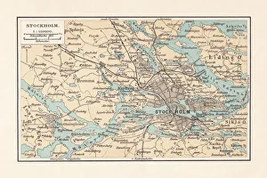 Historical city map of Stockholm and surroundings, Sweden, lithograph, 1897 Historical city map of Stockholm and surroundings, Sweden, lithograph, 1897