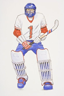 Hockey goalkeeper wearing helmet and knee pads holding a hockey stick, front view Hockey goalkeeper wearing helmet and knee pads holding a hockey stick, front view