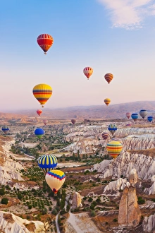 Hot air balloon flying over Cappadocia Turkey Hot air balloon flying over Cappadocia Turkey