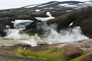 Hot springs, steam, traces of snow, geothermal area of Storihver, Laugavegur trekking route, Landmannalaugar, Highlands Hot springs, steam, traces of snow, geothermal area of Storihver, Laugavegur trekking route, Landmannalaugar, Highlands