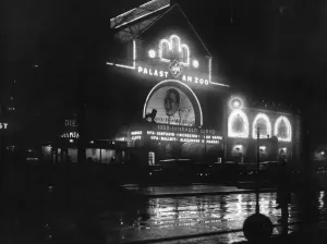 Cinema Exterior Prints: Berlin Cinema Print: Black and White Photograph of Palast Au Zoo Exterior