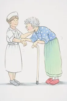 Hunched elderly woman leaning on a walking stick and holding on to wrist of smiling nurse Hunched elderly woman leaning on a walking stick and holding on to wrist of smiling nurse