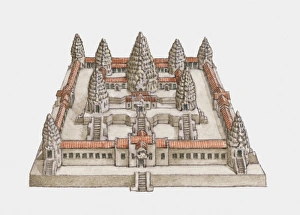 Illustration of 12th century Angkor Wat temple complex in Cambodia Illustration of 12th century Angkor Wat temple complex in Cambodia