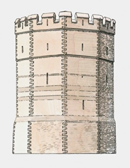 Illustration of 14th century fortified round tower or salient Illustration of 14th century fortified round tower or salient