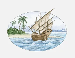 Illustration of 16th Century ship in sea near island Illustration of 16th Century ship in sea near island