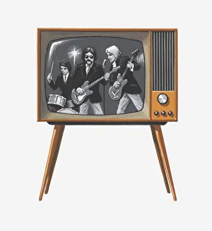 Illustration of 1960s pop band on black and white television Illustration of 1960s pop band on black and white television
