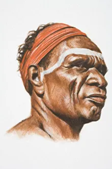Illustration, Aboriginal tribesman wearing red headband, profile Illustration, Aboriginal tribesman wearing red headband, profile