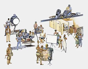 Illustration of actors, technicians, and production team on film set Illustration of actors, technicians, and production team on film set
