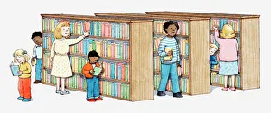 Illustration of adults and children looking at books in a library Illustration of adults and children looking at books in a library