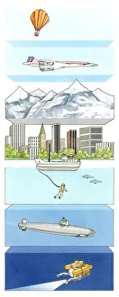 Illustration of air pressure on hot air balloon, supersonic aeroplane, mountain, city of skycrapers Illustration of air pressure on hot air balloon, supersonic aeroplane, mountain, city of skycrapers