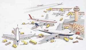 Illustration of airport passenger terminal, support services attending to grounded planes Illustration of airport passenger terminal, support services attending to grounded planes