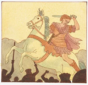 Illustration of Alexander the Great on in battle on horseback with sword above head Illustration of Alexander the Great on in battle on horseback with sword above head
