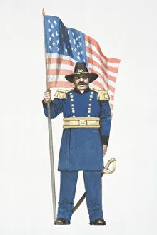 Illustration, American Civil War Union soldier holding stars and stripes flag Illustration, American Civil War Union soldier holding stars and stripes flag