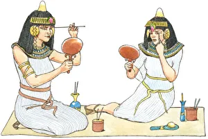Illustration of ancient Egyptian women looking in mirrors to apply make-up Illustration of ancient Egyptian women looking in mirrors to apply make-up