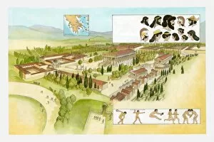 Ancient Olympic Games Collection: Illustration of ancient Olympia, athletes performing in the Games and heads of Greek Gods