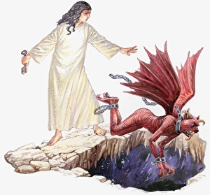 Illustration of angel looking on as red dragon with seven head disappears through hole in Earth Illustration of angel looking on as red dragon with seven head disappears through hole in Earth