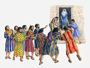 Illustration of angry mob of men outside house as Lot stands in doorway Illustration of angry mob of men outside house as Lot stands in doorway